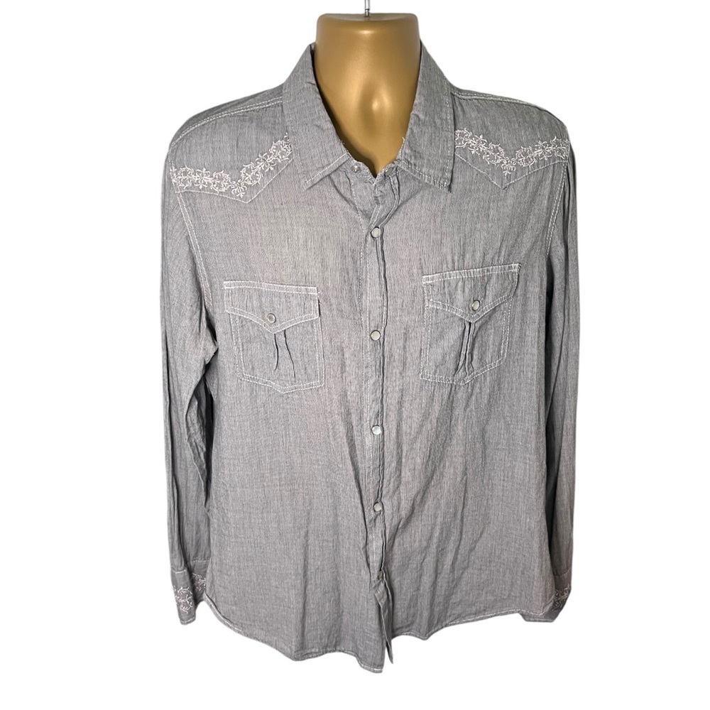 Y2K Pop Icon Clothing Western Snap Button Shirt Embroidered Gray XL